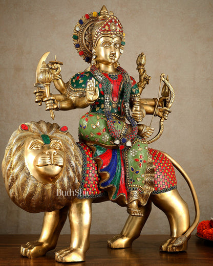 Brass large Durga ma ambe Statue – 24 Inches, Meenakari Stonework