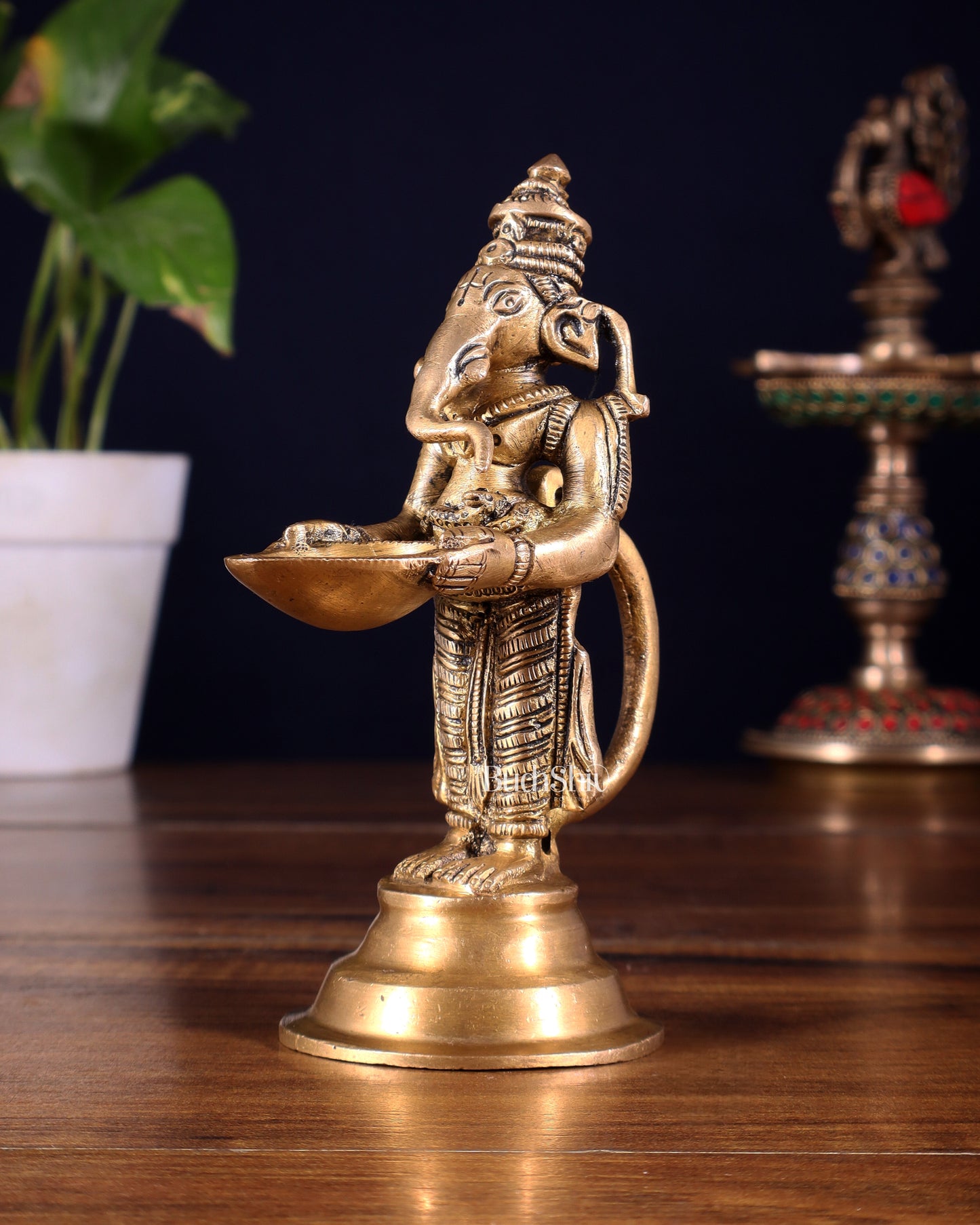 Brass Ganesha Holding Single Diya Statue 5.5"
