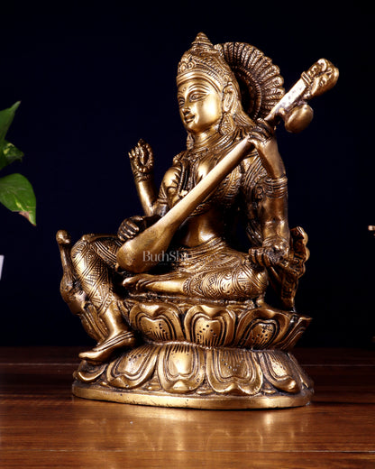 Pure Brass Saraswati with Swan Statue – 9 Inch