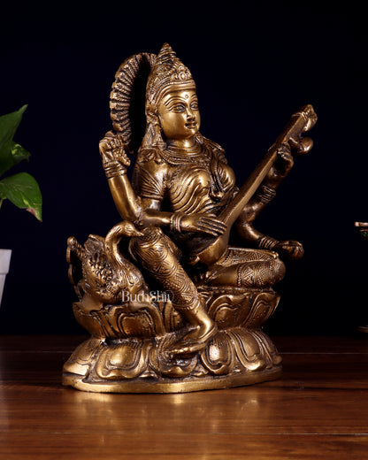 Pure Brass Saraswati with Swan Statue – 9 Inch