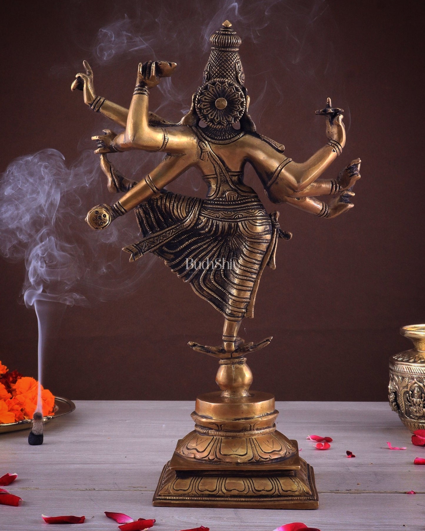 Pure Brass Dancing Vishnu avatar vamana as Thirivikrama with 8 Arms 16 inch
