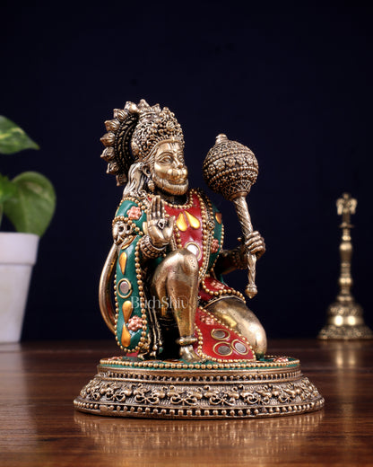 Pure Brass Superfine Lord Hanuman Idol with meenakari Stonework - 4.5 inch