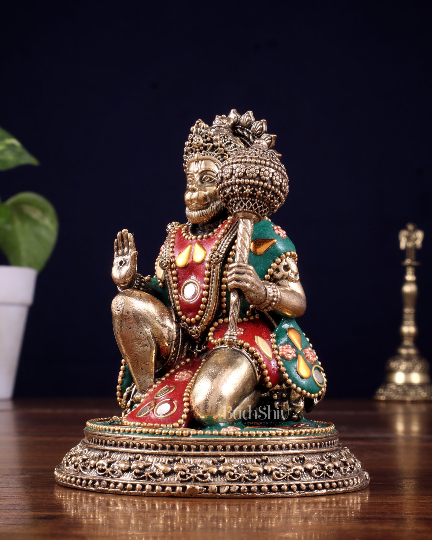 Pure Brass Superfine Lord Hanuman Idol with meenakari Stonework - 4.5 inch