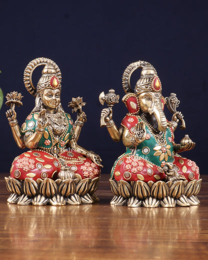 Pure Brass Intricate Ganesha Lakshmi Idols - meenakari Stonework  - 5 inch