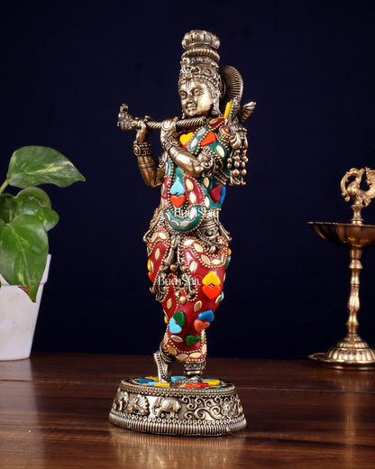 Brass Superfine Lord Krishna Idol with Meenakari Stonework – 9.5 Inch