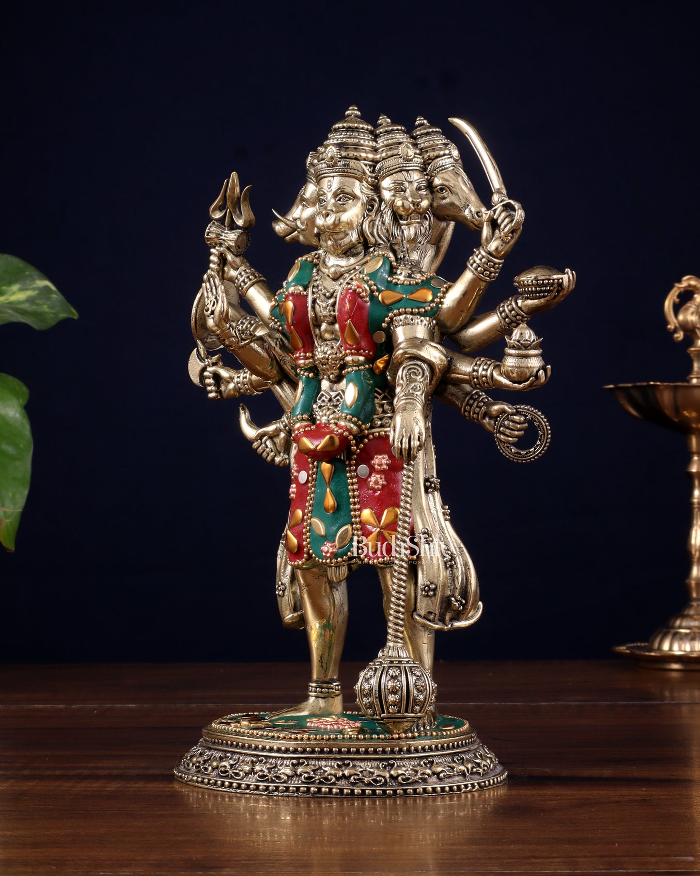 Brass Superfine Standing Panchmukhi Hanuman Idol 8" meenakari Stonework