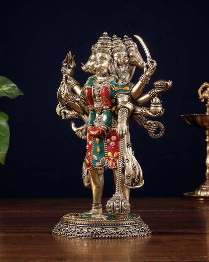 Brass Superfine Standing Panchmukhi Hanuman Idol 8" meenakari Stonework