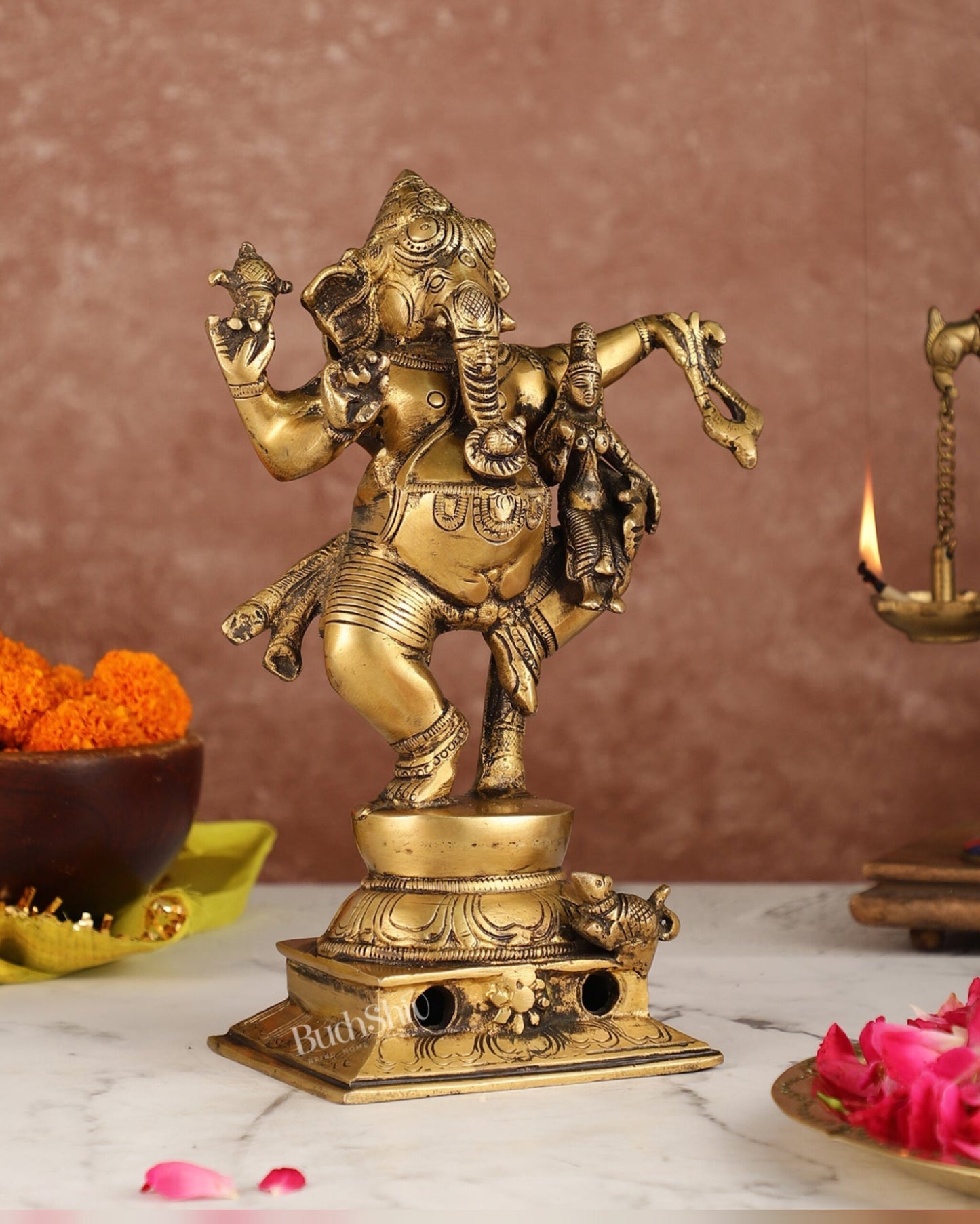 Brass Dancing Ganesha with Siddhi Idol | 10.5" Height | Divine Harmony
