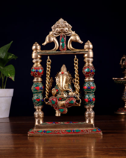 Pure Brass Ganesha on Swing with Floral Stonework – 8 Inch