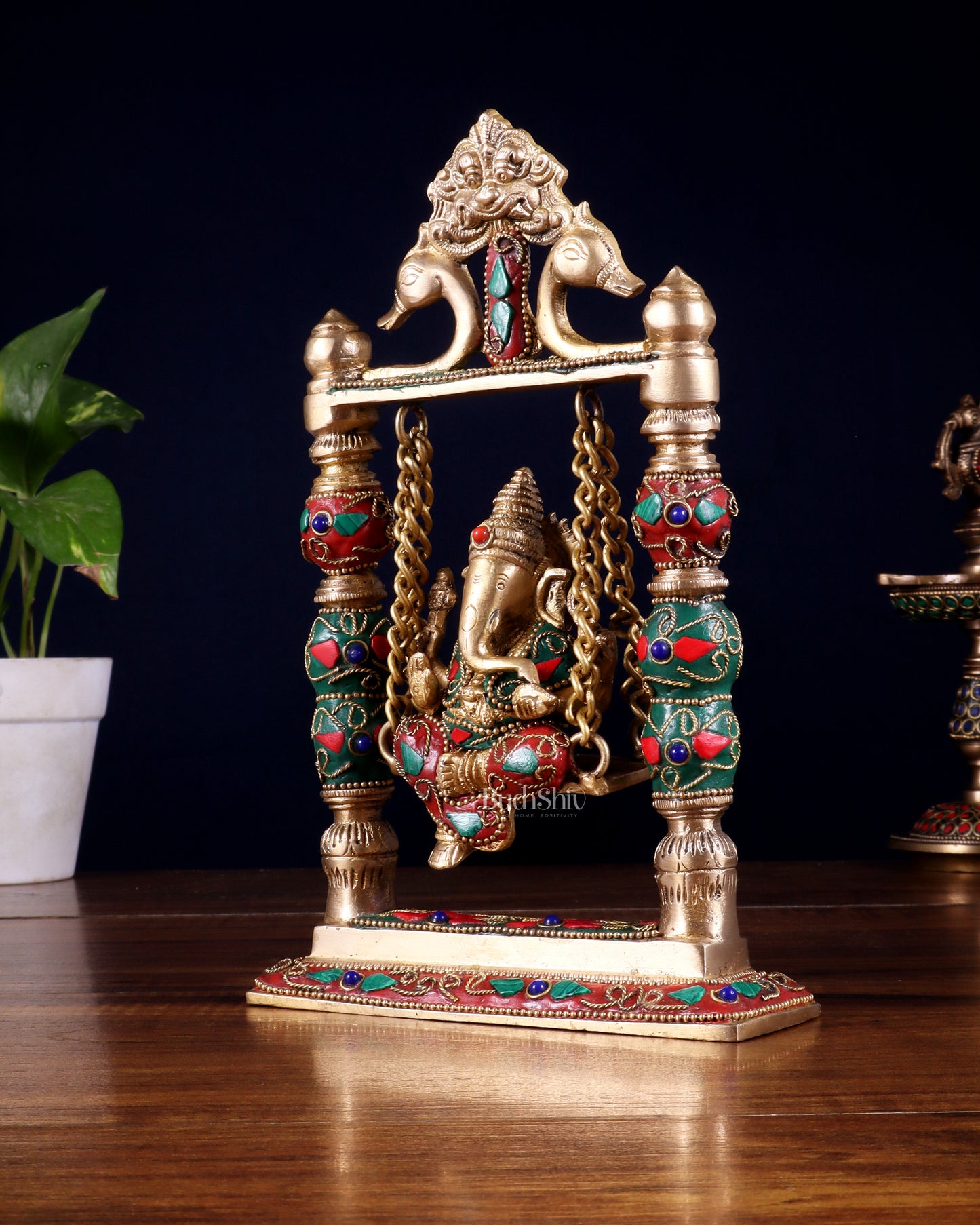Pure Brass Ganesha on Swing with Floral Stonework – 8 Inch