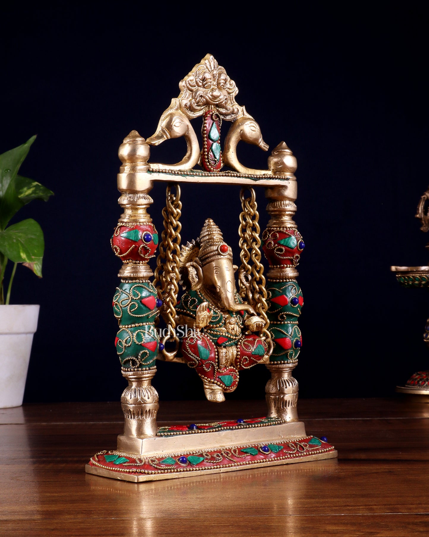 Pure Brass Ganesha on Swing with Floral Stonework – 8 Inch