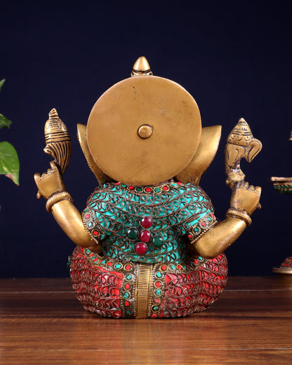 Vintage Brass Ganesha Idol with Nepalese meenakari- 8 Inch