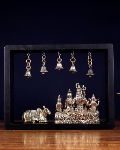 Pure Brass Lord Shiva Parivar with Nandi & Hanging Bells on MDF Frame – 11 Inch