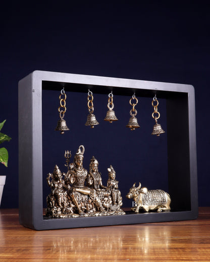 Pure Brass Lord Shiva Parivar with Nandi & Hanging Bells on MDF Frame – 11 Inch