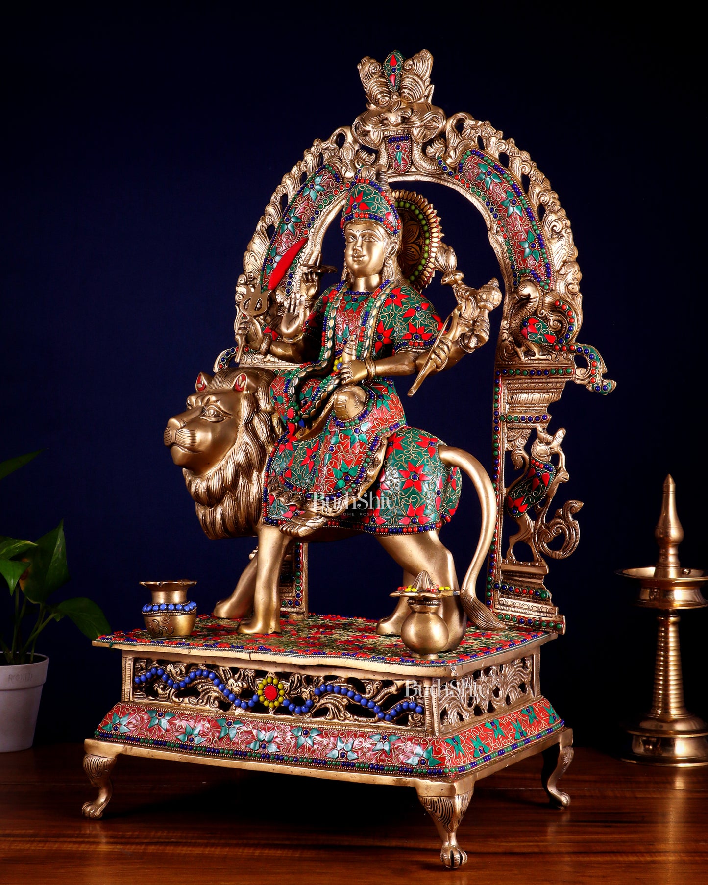 Pure Superfine Brass Goddess Durga Statue with Floral Stonework – 26.5 Inch