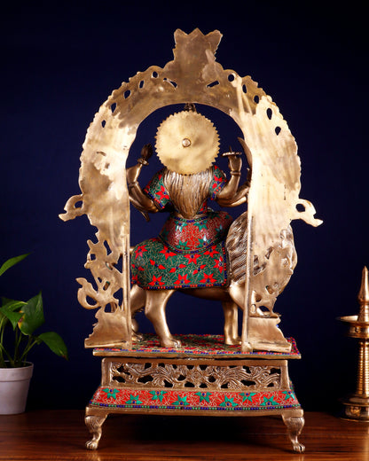 Pure Superfine Brass Goddess Durga Statue with Floral Stonework – 26.5 Inch
