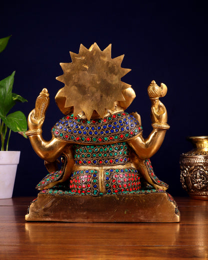 Pure Brass Ganesha with Mooshak Statue – Stonework Finish (9 Inch, 4.8 Kg)