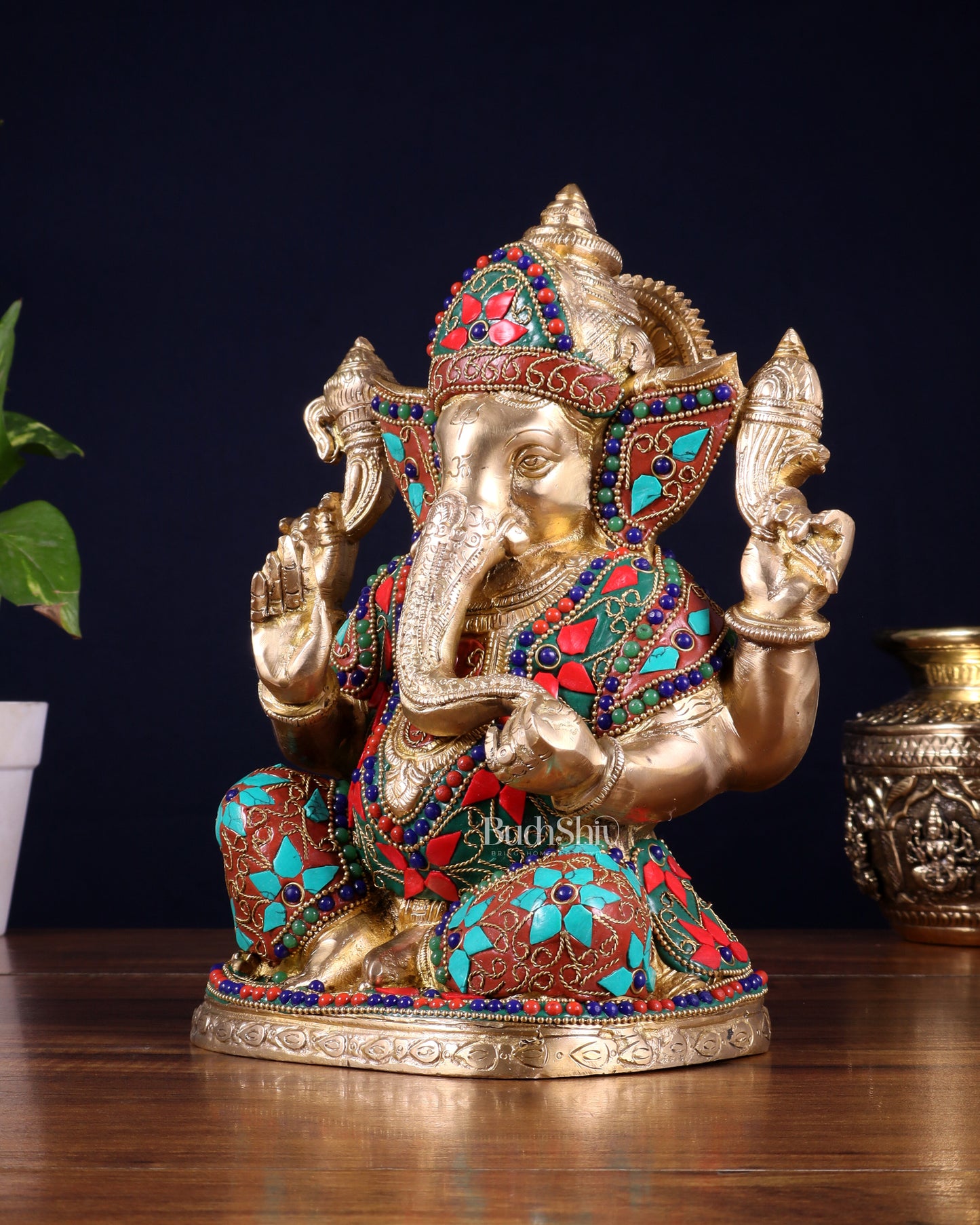Pure Brass Unique Lord Ganesha Statue with Floral Stonework 9 inch