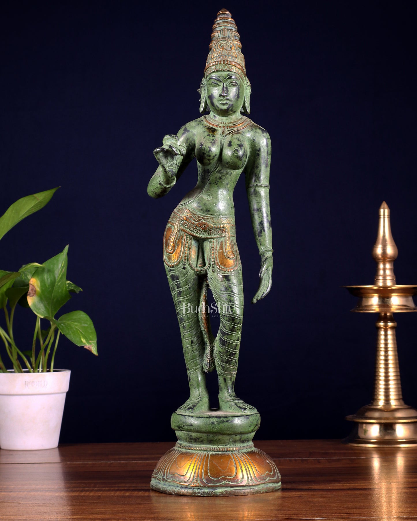 Pure Brass Bhoga Shakti Standing Uma Parvati Idol 18 inch green patina