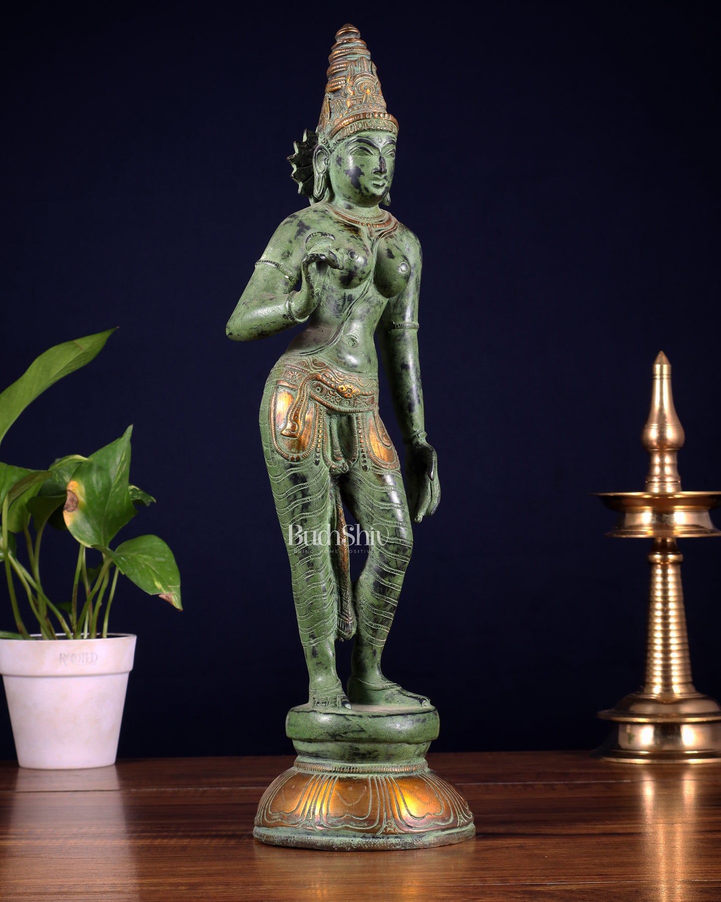 Pure Brass Bhoga Shakti Standing Uma Parvati Idol 18 inch green patina