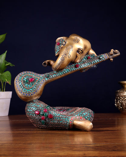 Brass Lord Ganesha with Veena Table Accent Showpiece - 9.5 Inch copper wire work