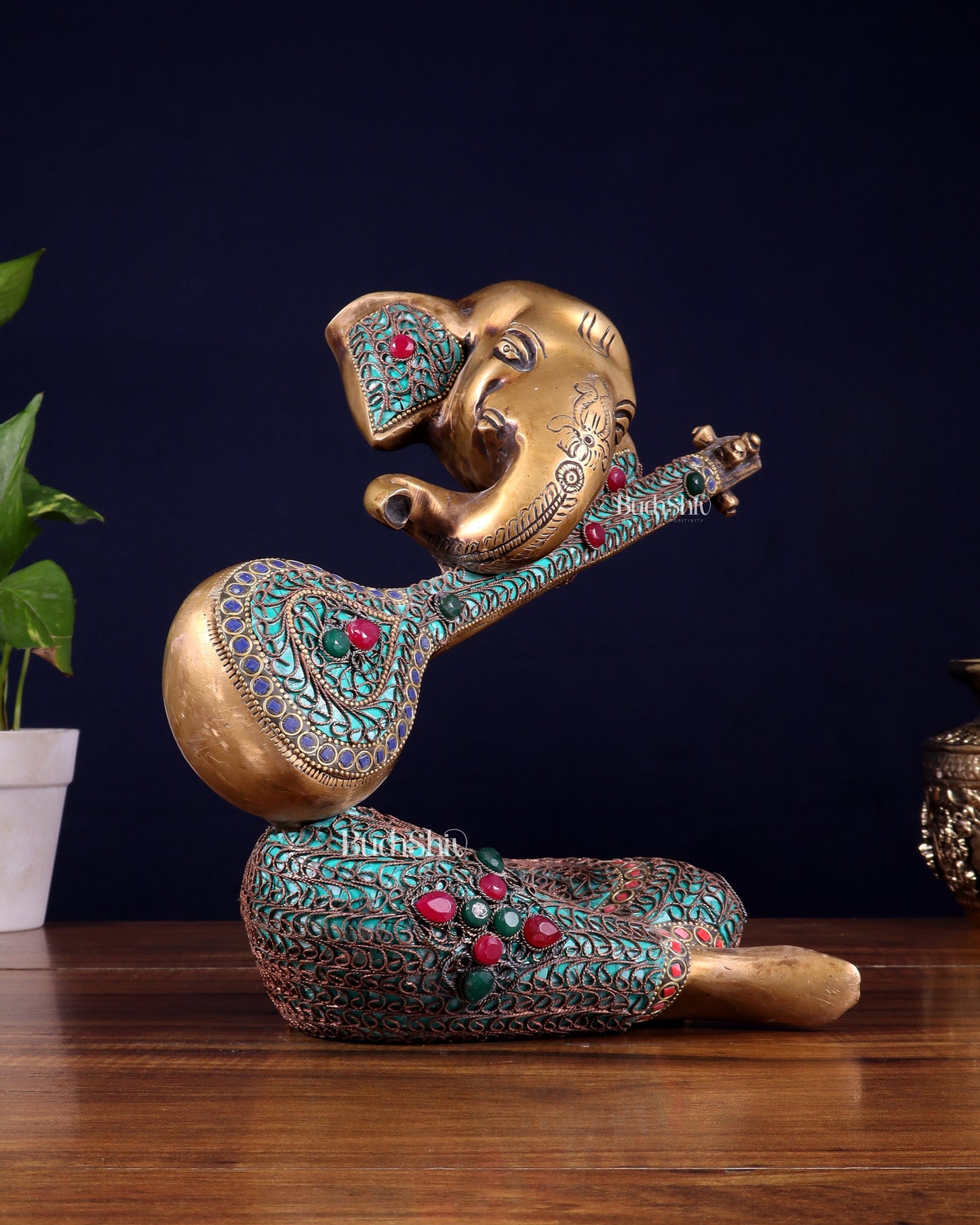 Brass Lord Ganesha with Veena Table Accent Showpiece - 9.5 Inch copper wire work