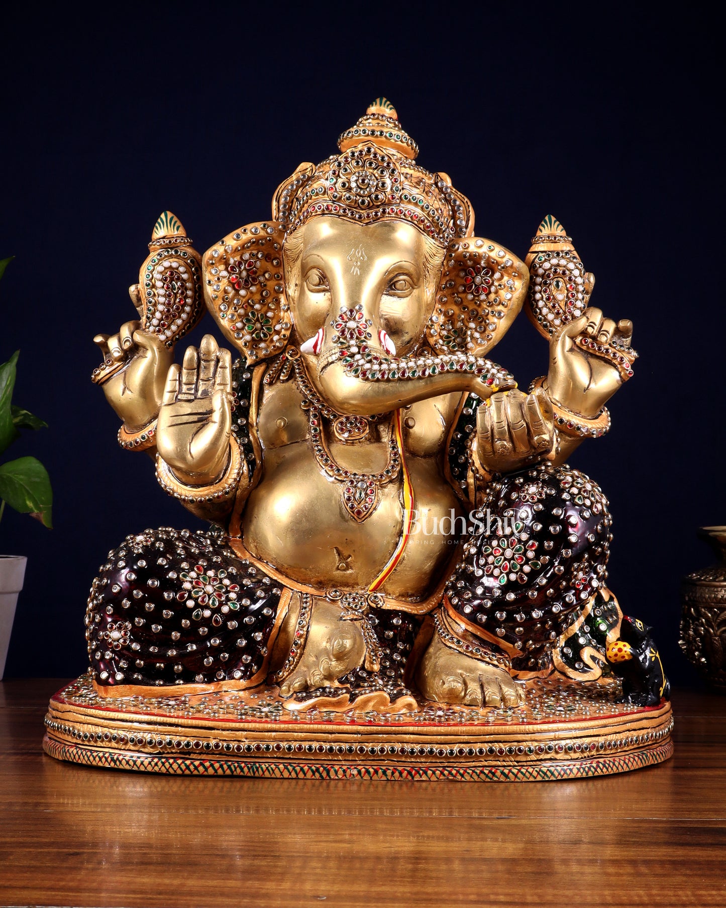 Brass Ganesha statue unique work - 15 inch laakh meenakari