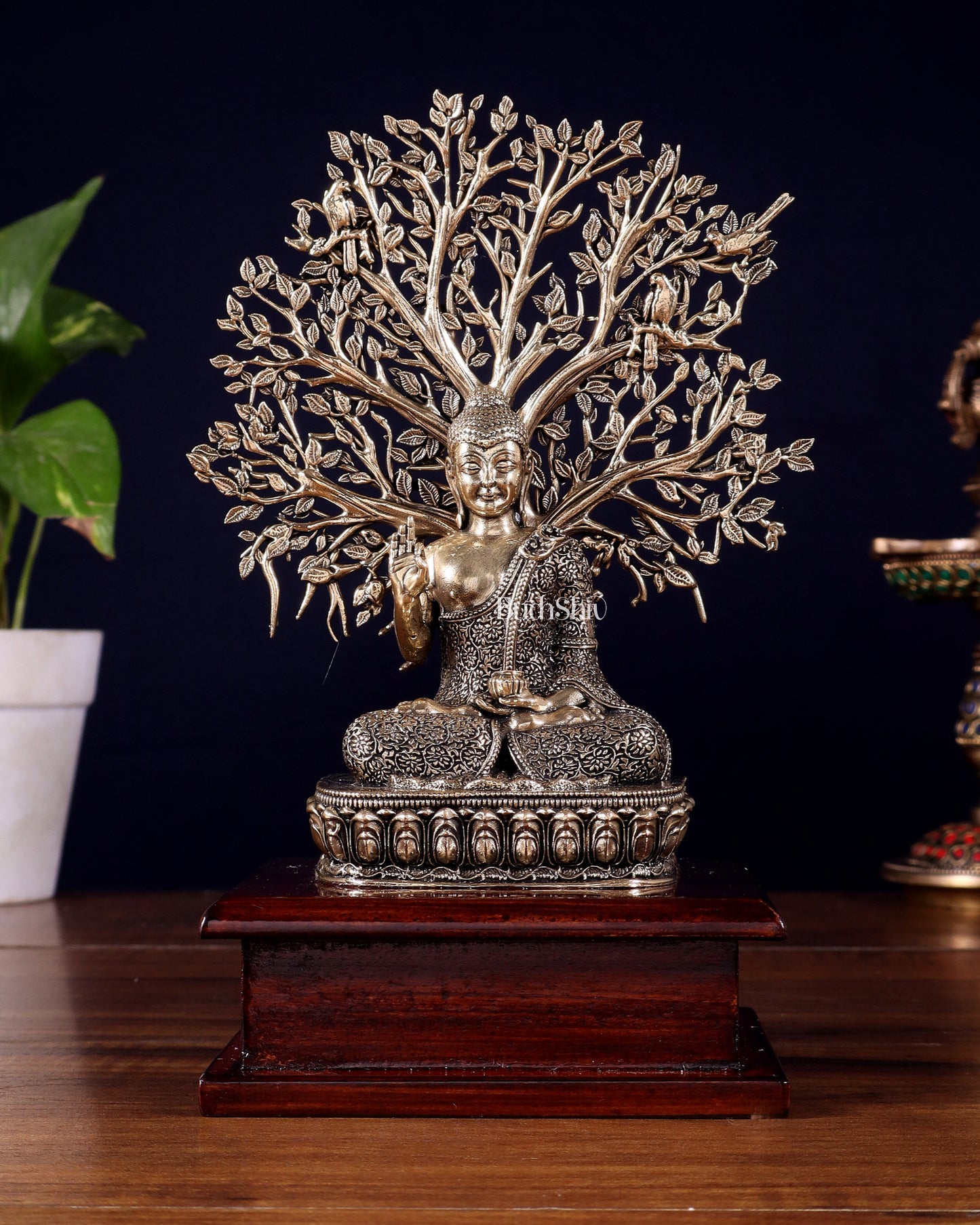 Brass Superfine Buddha with Kalpavriksha on Wooden Base – 8.5 Inch