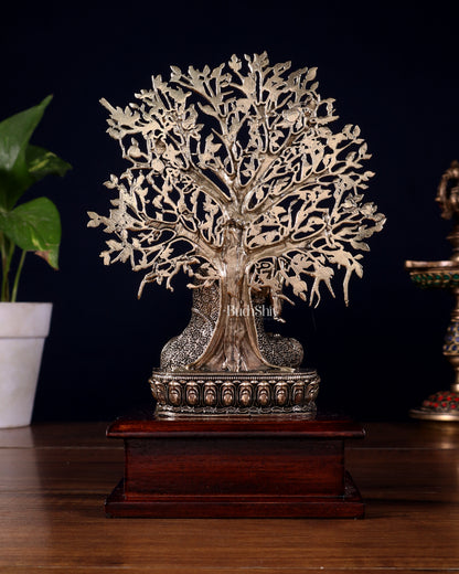 Brass Superfine Buddha with Kalpavriksha on Wooden Base – 8.5 Inch