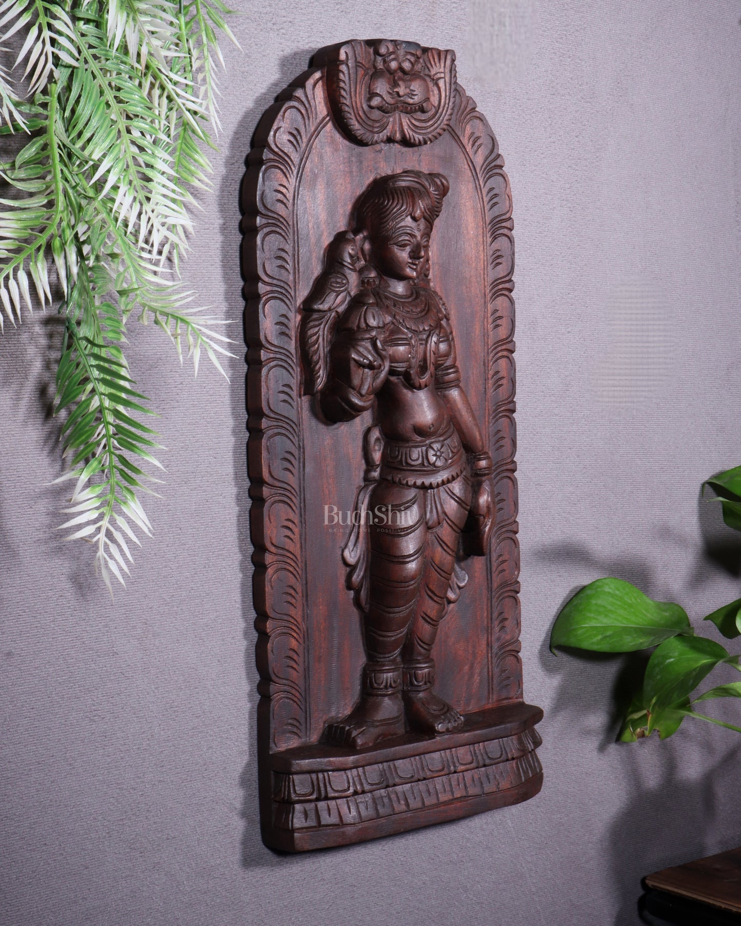 Handcrafted Wooden Meenakshi Amman Wall Hanging – 18 Inch