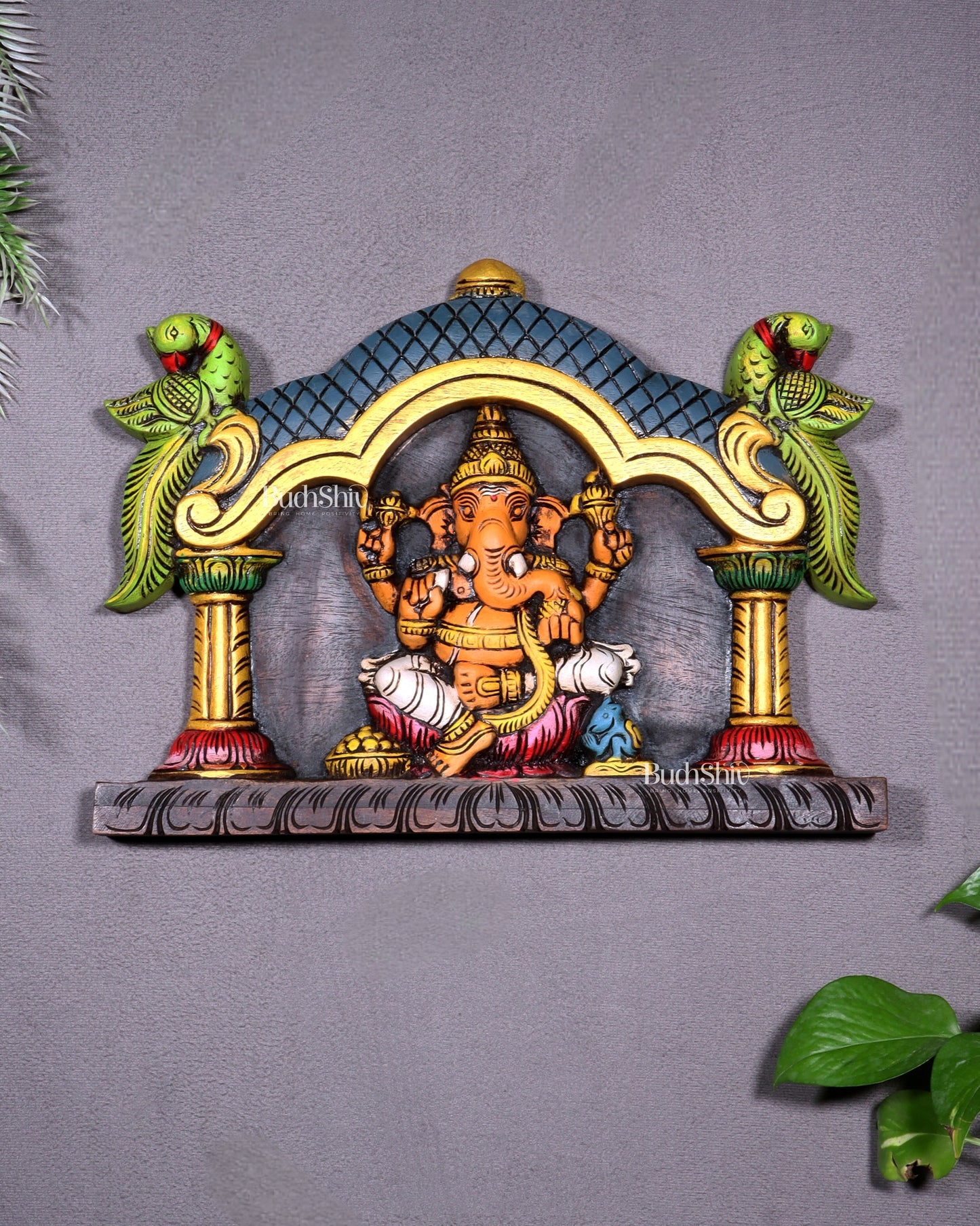 Hand-Painted Wooden Ganesha with Two Parrots Wall Hanging – 15.5 Inch