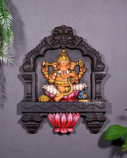 Hand-Painted Wooden Ganesha Wall Hanging with Lotus – 15 Inch