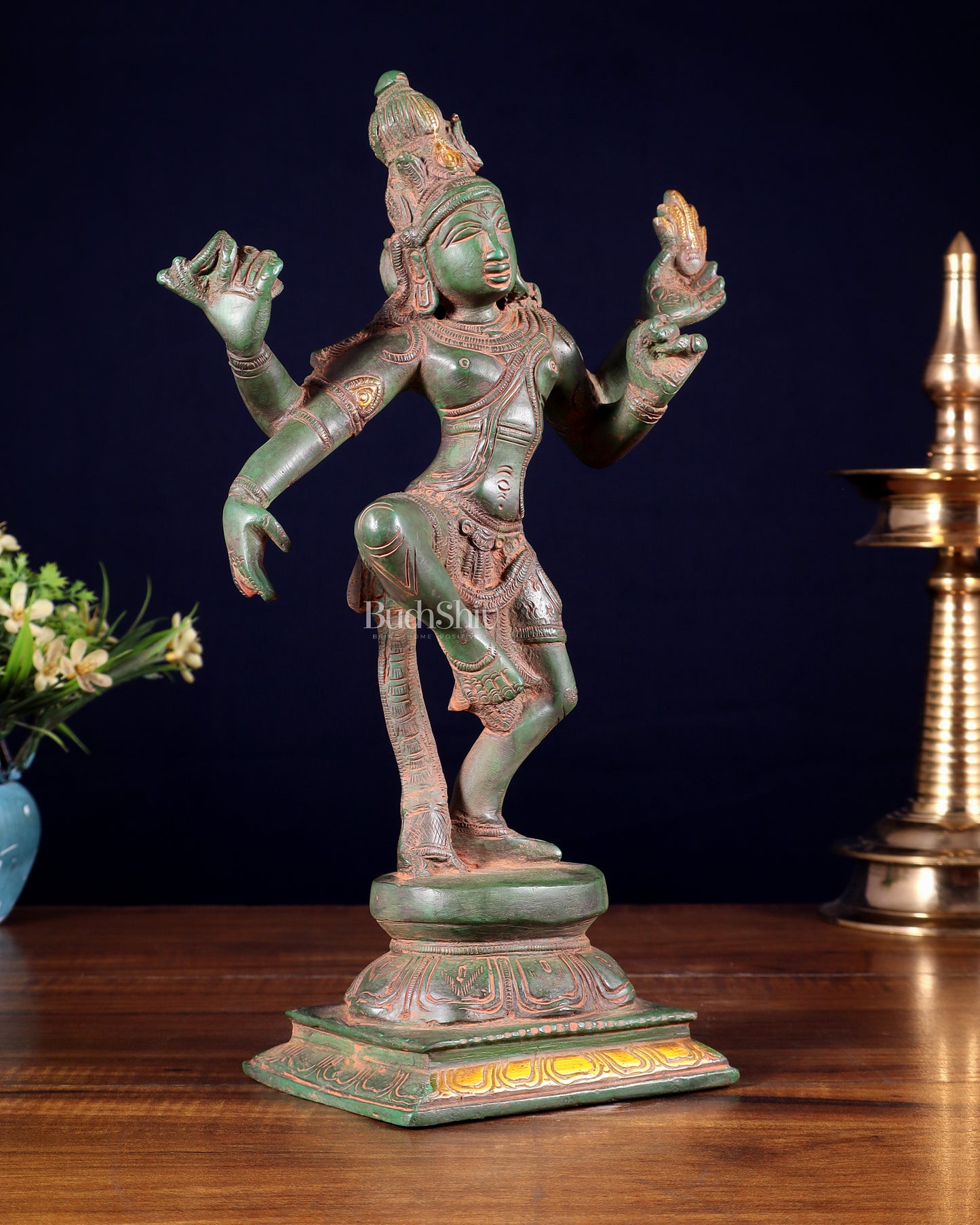 Pure Brass Dancing Shiva Statue – Green Patina & Sand Finish 11.5 inch