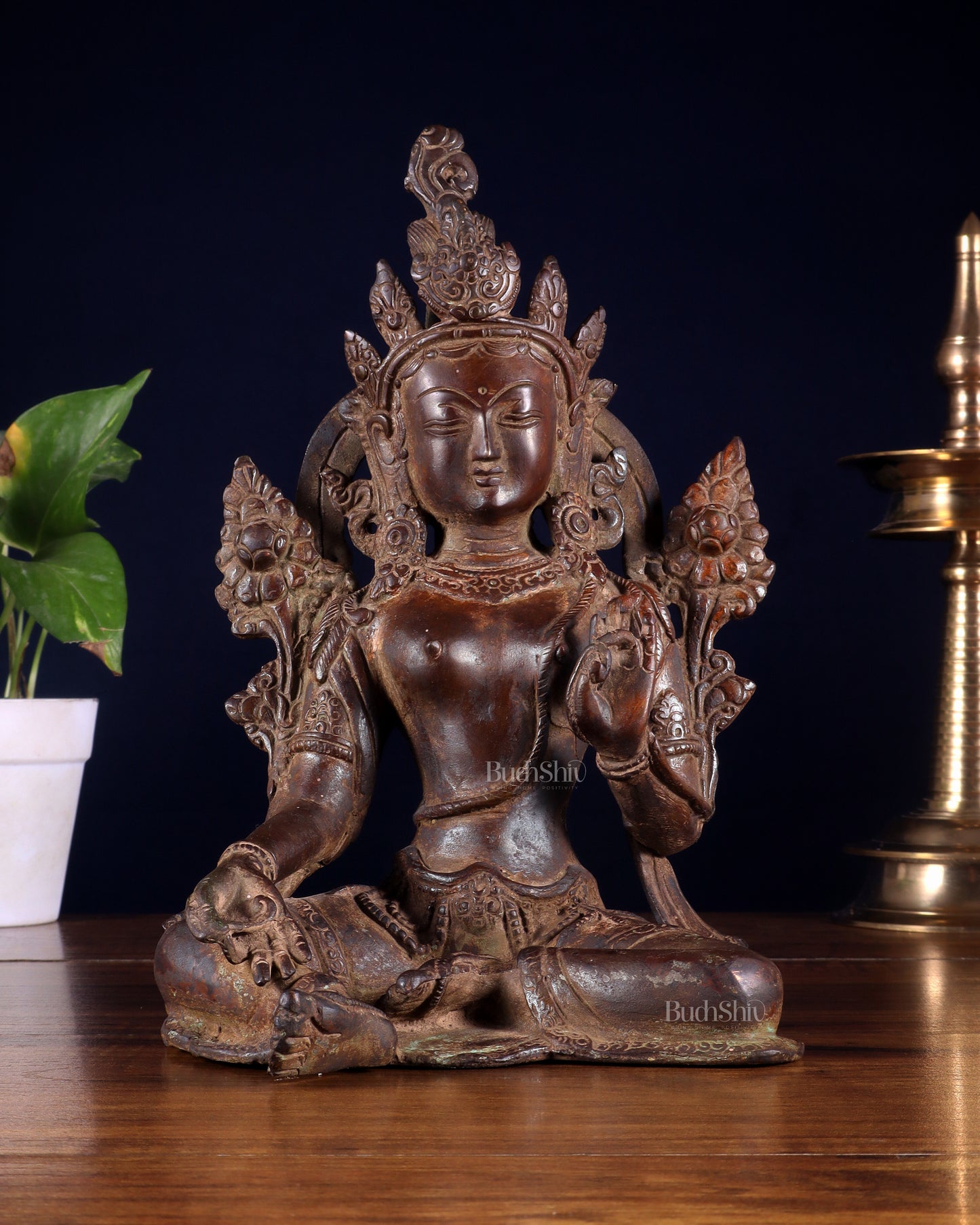 Vintage Brass Green Tara rustic Statue – 10.5 inch