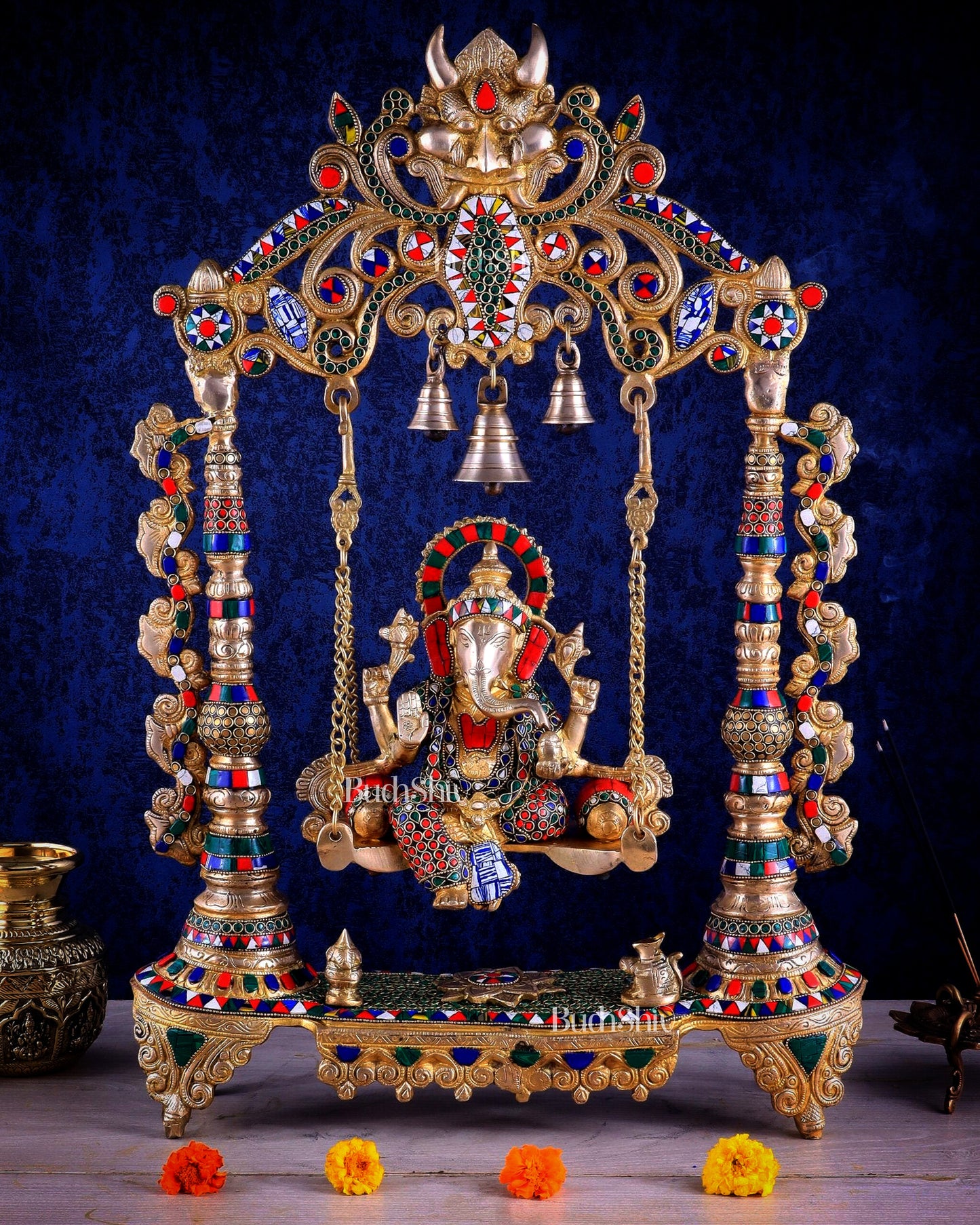 Brass Ganesha idol on large Swing jhoola - 26 inch large