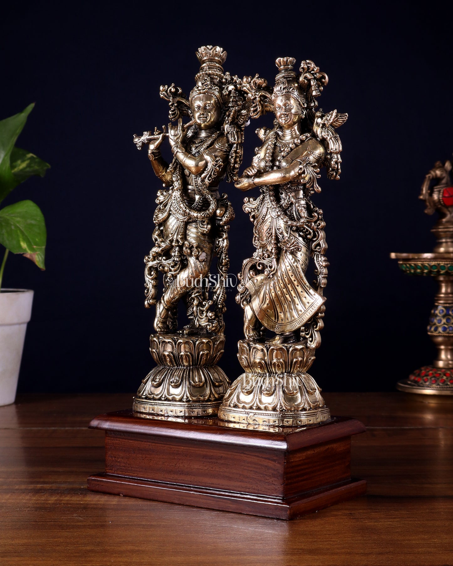Brass Radha Krishna on Wooden Base – 9.5 inch Superfine Finish