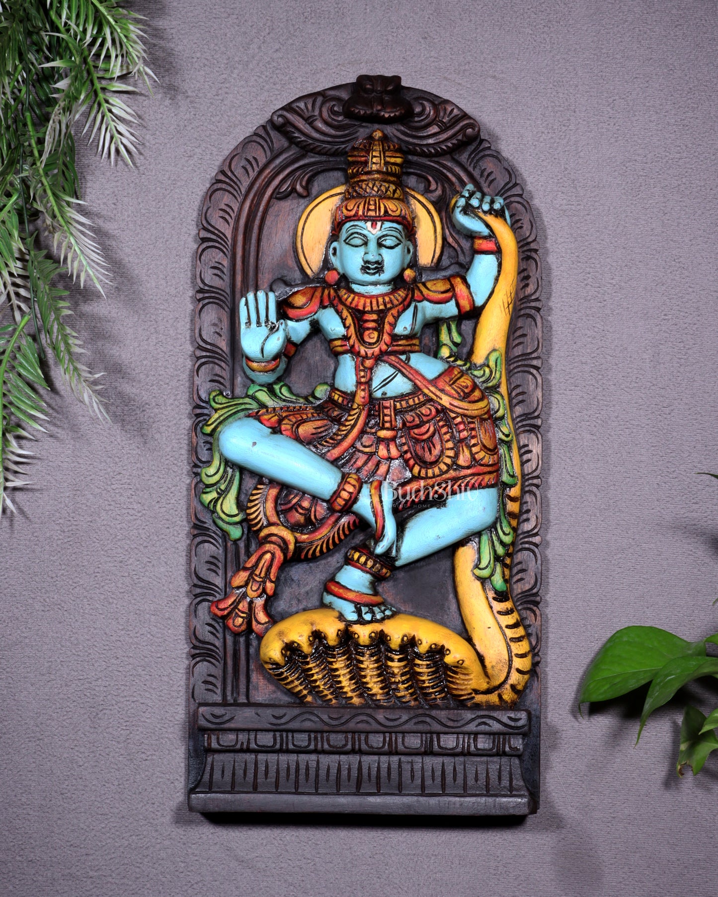 Wooden Kalinga Narthana Krishna Wall Hanging – Hand-Painted 18 inch
