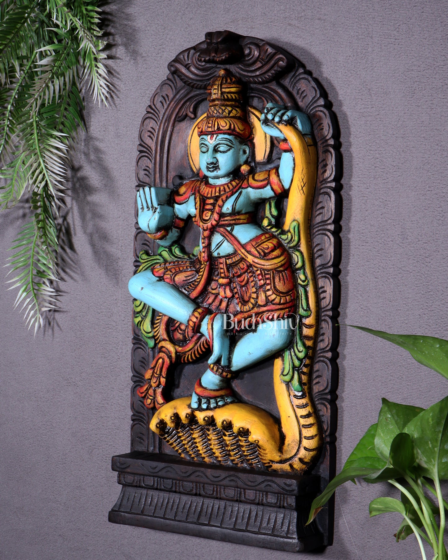 Wooden Kalinga Narthana Krishna Wall Hanging – Hand-Painted 18 inch