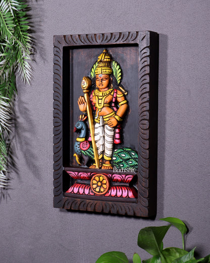 Wooden Standing Lord Murugan with Peacock Wall Hanging – Hand-Painted Panel 13 inch