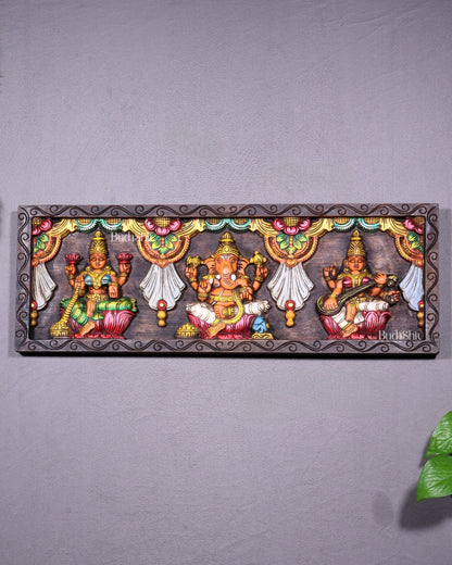Wooden Horizontal Ganesh Lakshmi Saraswati Wall Hanging – Hand-Painted Panel 24 inch