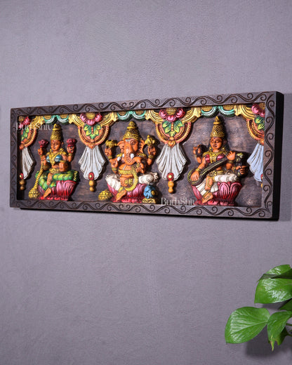 Wooden Horizontal Ganesh Lakshmi Saraswati Wall Hanging – Hand-Painted Panel 24 inch