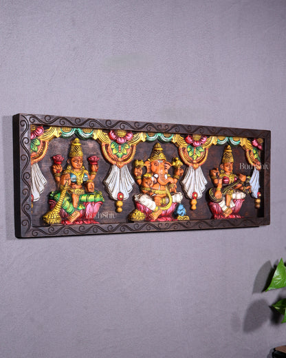 Wooden Horizontal Ganesh Lakshmi Saraswati Wall Hanging – Hand-Painted Panel 24 inch