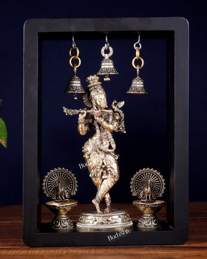 Brass Superfine Lord Krishna with Hanging Bells & Peacock Lamps on MDF Panel 11 inch