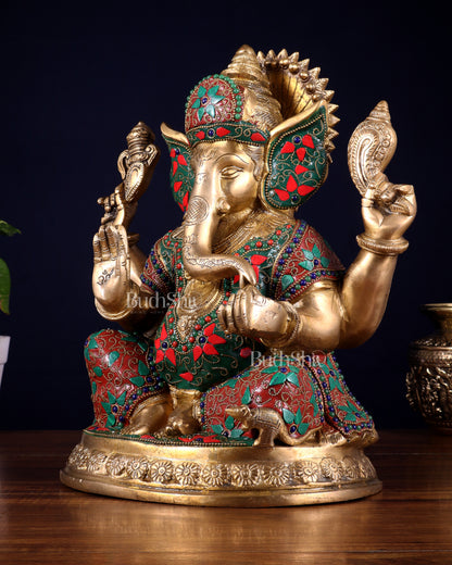Pure Brass Ganesha Statue with Floral Stonework 12 inch