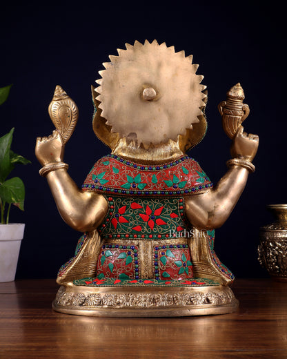 Pure Brass Ganesha Statue with Floral Stonework 12 inch