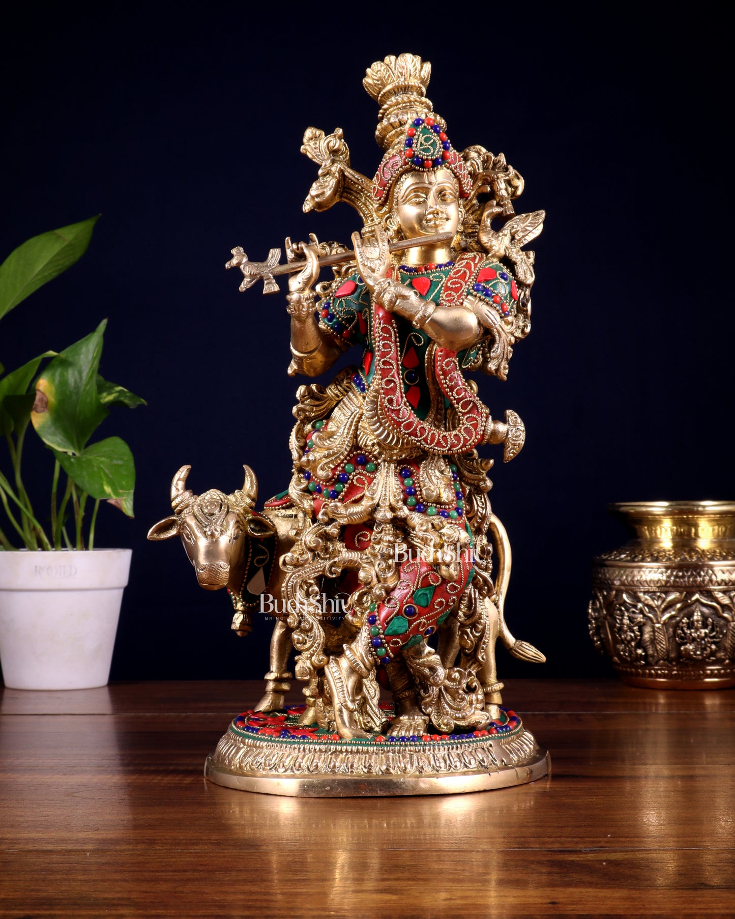 Pure Brass Lord Krishna with Cow Statue – floral stonework 13 inch