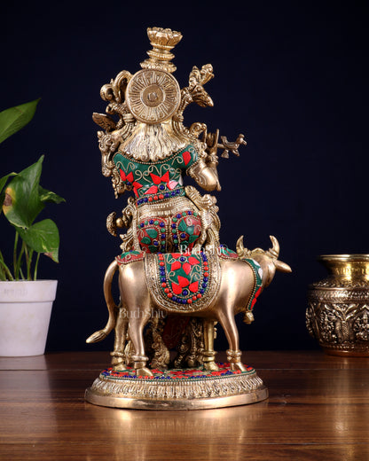 Pure Brass Lord Krishna with Cow Statue – floral stonework 13 inch