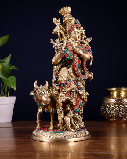 Pure Brass Lord Krishna with Cow Statue – floral stonework 13 inch