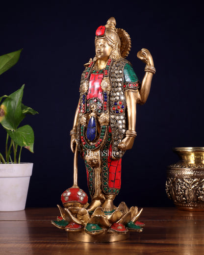 Brass Standing Vishnu Statue Satya narayan on Lotus Base - 12.5 Inch