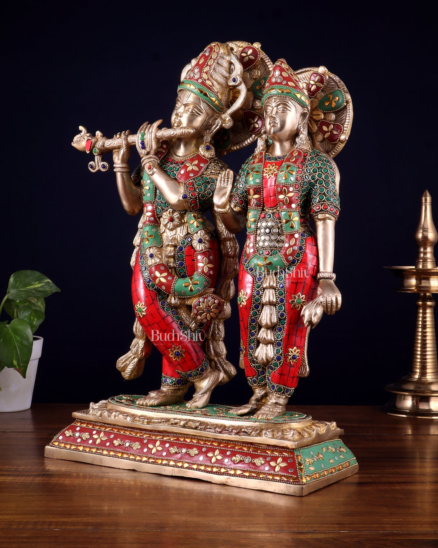 Pure Brass Large Radha Krishna Statue with Meenakari Stonework | 17 Inch